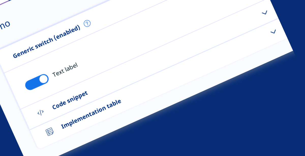 Close-up of a component demo with code snippet and implementation table